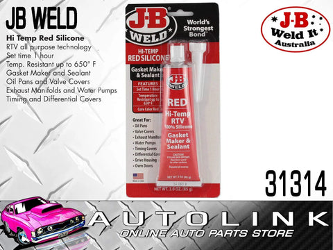 Front view of J-B Weld hi-temp red RTV silicone gasket maker and sealant, 3 oz tube