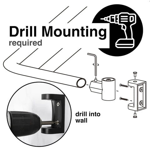 Drill mounting instructions for the Badass Double Curved Shower Rod With Hella Elbow Room, Heavy Duty Aluminum And Zinc mounting.