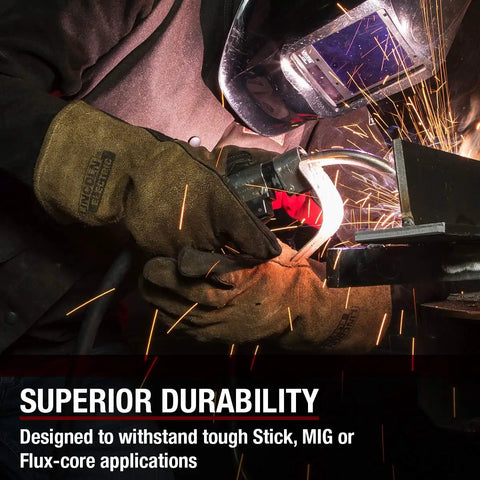 Welder using Heavy Duty MIG And Stick Welding Gloves For Superior Heat Resistance And Durability, Medium Size, at job site.