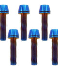 M5x20 Titanium Bolts With Washers In Burnt Blue Finish Six Piece Kit showing six sleek screws for ultralight bike performance.