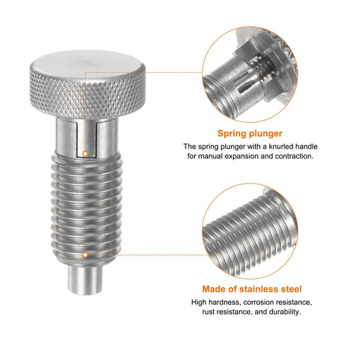 Top Shelf Stainless Steel Spring Plunger Featuring A Sweet Knurled Grip M16X2 Threads And Eight Mm Pin Non Locking Index Design, close-up view.
