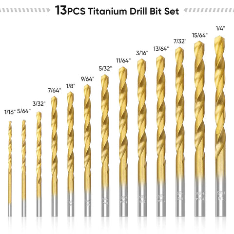 Titanium Coated Drill Bit Set 13 Piece Pro Grade With 135 Degree Tip HSS High Speed Steel Bits For Steel Aluminum Copper Wood Plastic