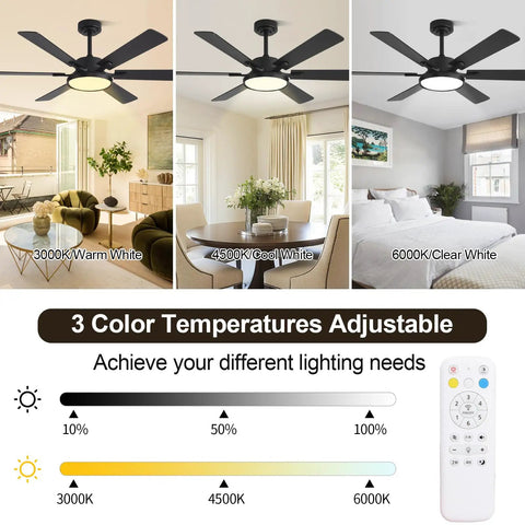 52 Inch Black Low Profile Ceiling Fan With Light And Remote, 3 color temperatures adjustable, shown in living room settings