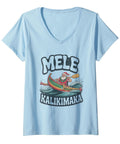 Light blue V-neck tee with Mele Kalikimaka Santa Outrigger Canoe Retro Hawaii Surf design for women, beachwear style.