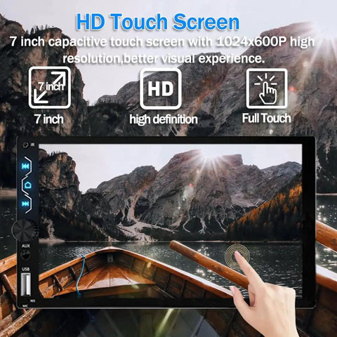 7 Inch Double Din Car Stereo With Wireless CarPlay And Wireless Android Auto Full HD Touchscreen display showing mountain scene.