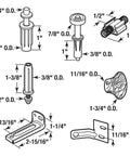 Diagram of bi-fold door repair parts with measurements for the Bi-Fold Door Repair Kit For 7/8 Inch Wide Track And 3/8 Inch Pivots 