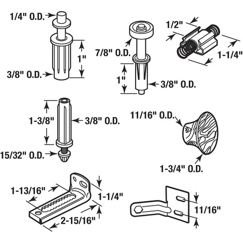 Diagram of bi-fold door repair parts with measurements for the Bi-Fold Door Repair Kit For 7/8 Inch Wide Track And 3/8 Inch Pivots 