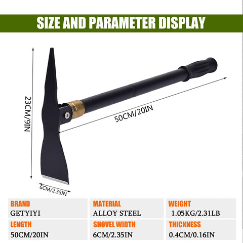 Size diagram of Multi Tool Pickaxe Hoe Shovel for Digging and Camping with alloy steel material and 50cm length.