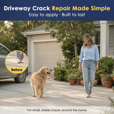 Woman and dog walking on driveway with product in use, Self Leveling Concrete Crack Filler High Elasticity Waterproof Sealant