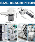 Split Pneumatic Strapping Machine For Metal Banding, size dimensions and metal goods such as pipes and coils display.