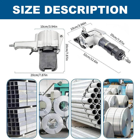 Split Pneumatic Strapping Machine For Metal Banding, size dimensions and metal goods such as pipes and coils display.