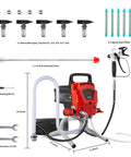 Pro Grade Airless Paint Sprayer With 950W Motor And 0.52 GPM Flow Rating, includes 18 inch pole, spray tips, and cleaning tools.