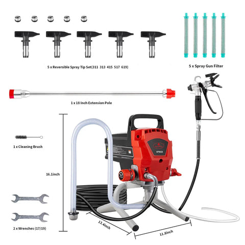 Pro Grade Airless Paint Sprayer With 950W Motor And 0.52 GPM Flow Rating, includes 18 inch pole, spray tips, and cleaning tools.