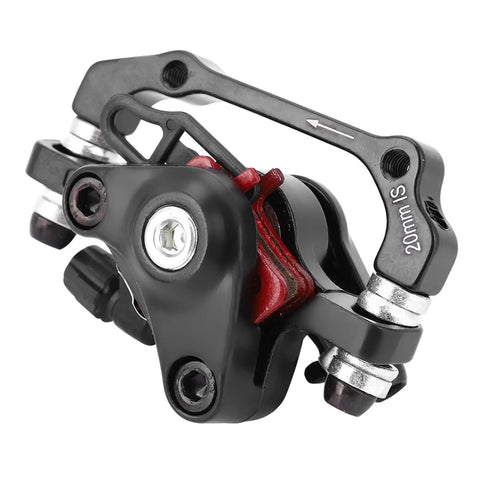Badass Mountain Bike Mechanical Disc Brake Set with black steel caliper and red brake pads for trail riding.