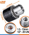 Beefy Keyed Drill Chuck Adapter Kit 1/2 Inch 20UNF with dimensions and close-up details.