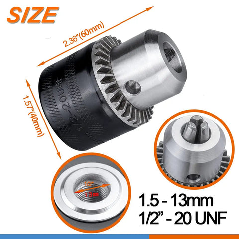 Beefy Keyed Drill Chuck Adapter Kit 1/2 Inch 20UNF with dimensions and close-up details.