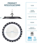 Hella Bright 150W UFO LED High Bay Light 10-Pack, 19500LM, side and front view, specifications, dimmable, ETL listed.