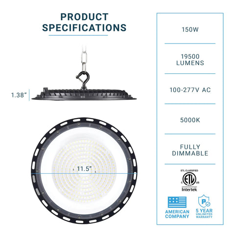 Hella Bright 150W UFO LED High Bay Light 10-Pack, 19500LM, side and front view, specifications, dimmable, ETL listed.