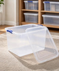 66 Quart Clear Plastic Storage Bin With Secure Blue Latch Lids Stackable Home Organization Tote For Garage Closet And Pantry, open lid display.