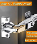Slam Free 170 Degree Cabinet Hinges Two Pack Full Overlay Heavy Duty Steel Concealed Soft Close Hardware Durable Latch Premium Grade For Frameless Cupboards Corner Doors, showing large 170-degree angle with cushioned feature.