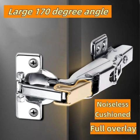 Slam Free 170 Degree Cabinet Hinges Two Pack Full Overlay Heavy Duty Steel Concealed Soft Close Hardware Durable Latch Premium Grade For Frameless Cupboards Corner Doors, showing large 170-degree angle with cushioned feature.