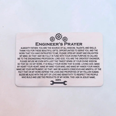 Stainless steel Techie Engineer Gift For Men Engineers Prayer Wallet Card with engraved prayer text and gear design, 8.5x5.4 cm.