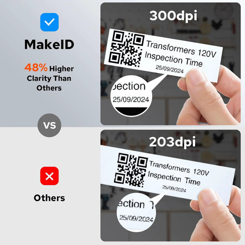 Comparison of labels showing 300 DPI vs 203 DPI, highlighting clarity for the Top Tier Portable Bluetooth Label Maker And Wireless Printer Hella Tough.