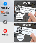 Comparison of label prints showing 300 dpi clarity versus 203 dpi using Heavy Duty Industrial Label Maker With Slick Bluetooth Pairing And No Sweat Job Site Organization Featuring Crisp 300 Dpi Prints On Half Inch Self Laminating Nylon Rolls Plus Heat Shrink Tubing For Electrical Wiring Tasks.