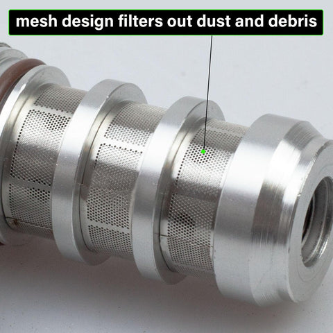 Close-up of the Two Piece Engine VVT Intake And Exhaust Camshaft Variable Timing Solenoid Valve Kit for GM Engine with mesh design.