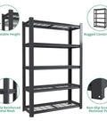 72 Inch Tall 5 Tier Adjustable Heavy Duty Metal Mesh Shelving Rack With Beefed Up Reinforced Steel Frame Supporting 400 Pounds Per Shelf, showing adjustable height and rugged construction.