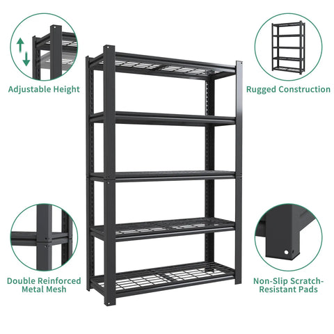 72 Inch Tall 5 Tier Adjustable Heavy Duty Metal Mesh Shelving Rack With Beefed Up Reinforced Steel Frame Supporting 400 Pounds Per Shelf, showing adjustable height and rugged construction.