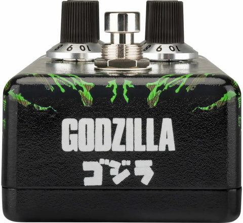 Front view of Kaiju Godzilla Distortion Pedal With Active Treble And Bass EQ Beefy High Gain Guitar Effects, black aluminum case.