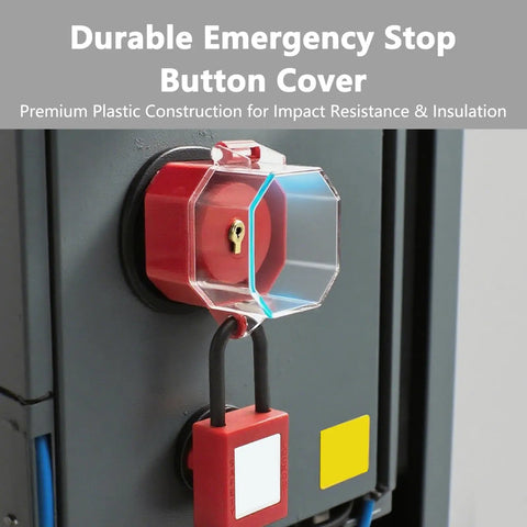 Clear-view Emergency Stop Button Cover mounted on panel, showing durable plastic construction and lockout feature.