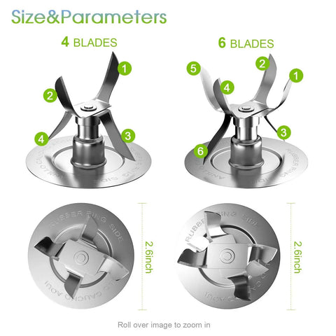 Diagram showing 4 and 6 blade configurations for 8 Piece Blender Replacement Parts Kit With Ice Crusher Blade And Gaskets For 5 And 6 Cup Jars Includes 4 Point Blade Base Cap Coupler Pin And Seal Gaskets Compatible With Popular Countertop Blenders Not For In2uitive Series.