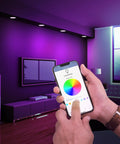 Smart 4 Inch Recessed LED Downlights With Color Changing RGBW And Tunable White, Wi Fi Enabled, controlled via mobile app in living room