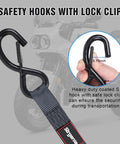 Close-up of safety hook with lock clip on Retractable Ratchet Straps 12Ft Auto Rewind Cargo Tie Down Straps for secure transport.