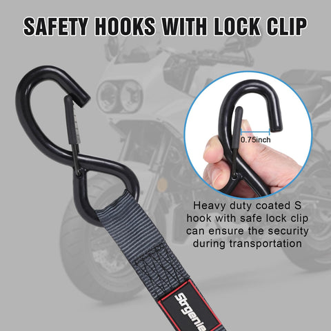 Close-up of safety hook with lock clip on Retractable Ratchet Straps 12Ft Auto Rewind Cargo Tie Down Straps for secure transport.