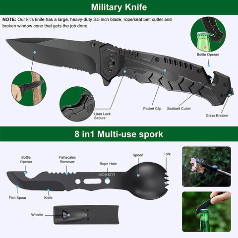 Dope 28 In 1 Survival Kit For Outdoor Lovers It Does It All Emergency Gear knife and spork with multi-tool features