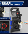 Front view of the 50A Plasma Cutter With Non Touch Pilot Arc Dual Voltage 110V 220V IGBT Inverter, featuring built-in air regulator and filter.