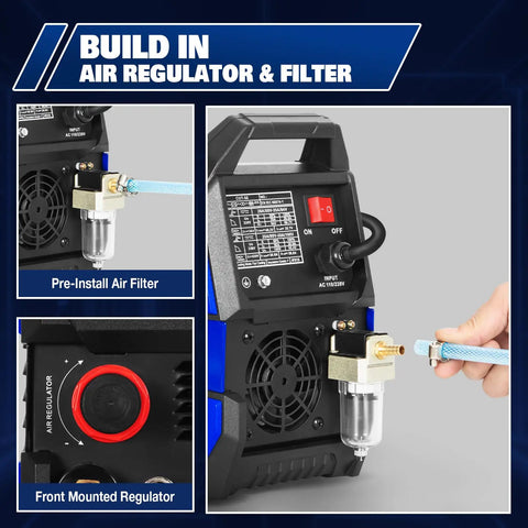 Front view of the 50A Plasma Cutter With Non Touch Pilot Arc Dual Voltage 110V 220V IGBT Inverter, featuring built-in air regulator and filter.
