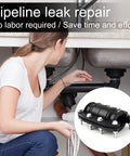 Pipe repair clamp under sink, 1-inch diameter; black; fits 24–26 mm plastic/metal pipes with nuts, screws, washers.