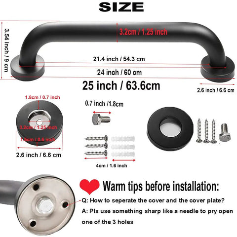 Diagram of Two Pack 24 Inch Black Stainless Steel Shower Grab Bars for Bathroom Safety with measurements and installation tips.