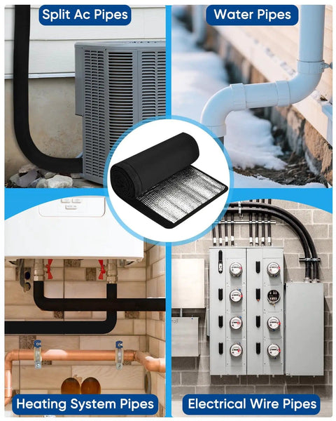 Outdoor AC Pipe Insulation Sleeve Wrap 3-Layer 600D Oxford Cover on various pipe systems for weatherproofing