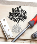 Dead Simple 30 Piece Heavy Duty Metal Furniture Joint Snap Connectors For Sofa Cabinet Assembly displayed with tools.