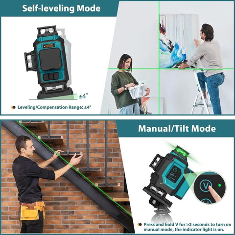 Green Laser Level Pro 4x360 Degree 4D Cross Line for construction use in self-leveling and manual tilt modes with ultra-bright beams.