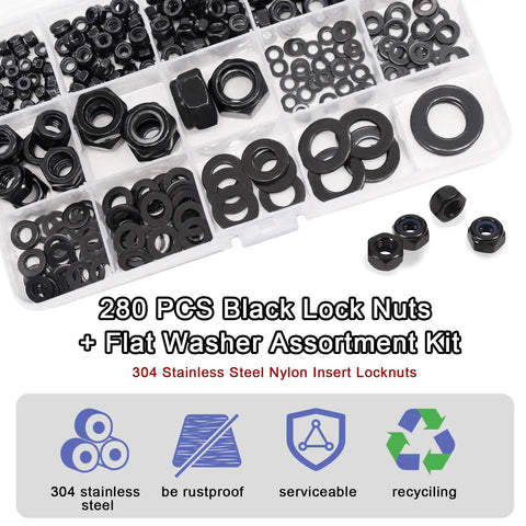 All In One Black Lock Nuts And Flat Washers Kit With M3 To M12 Sizes In 304 Stainless Steel, Heavy Duty, Corrosion Resistant, 280 Piece Set With 140 Lock Nuts And 140 Flat Washers displayed in box