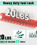 Red Wall Mount Screwdriver And Pliers Organizer Rack With 23 Holes, metal tool holder displayed with weight capacity text.
