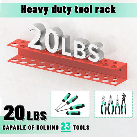 Red Wall Mount Screwdriver And Pliers Organizer Rack With 23 Holes, metal tool holder displayed with weight capacity text.