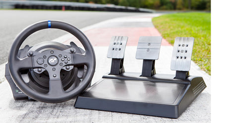 Front view of Thrustmaster T300RS GT steering wheel with three metal pedal plates on a base