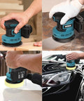 Orbital sander using Five Inch Sanding Discs Set, 60 Pcs Hook And Loop, on wood and car surfaces in multiple angles